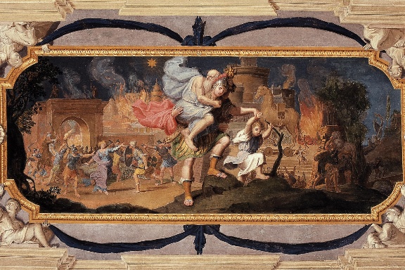 Affresco raffigurante Enea che conduce il vecchio Anchise e il Figlio di Ascanio fuori da Troia in fiamme - sec. XVIII - Volta della 3° stanza Affresco raffigurante Enea che conduce il vecchio Anchise e il Figlio di Ascanio fuori da Troia in fiamme - sec. XVIII - Volta della 3° stanza