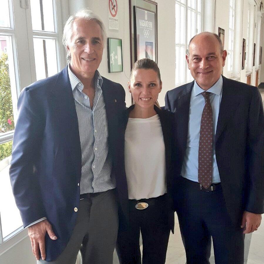 Il presidente del CONI Malagò con Valentina Vezzali e il Sindaco Massimo Bacci